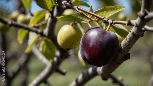 closeup image of a plum attached to its tree background