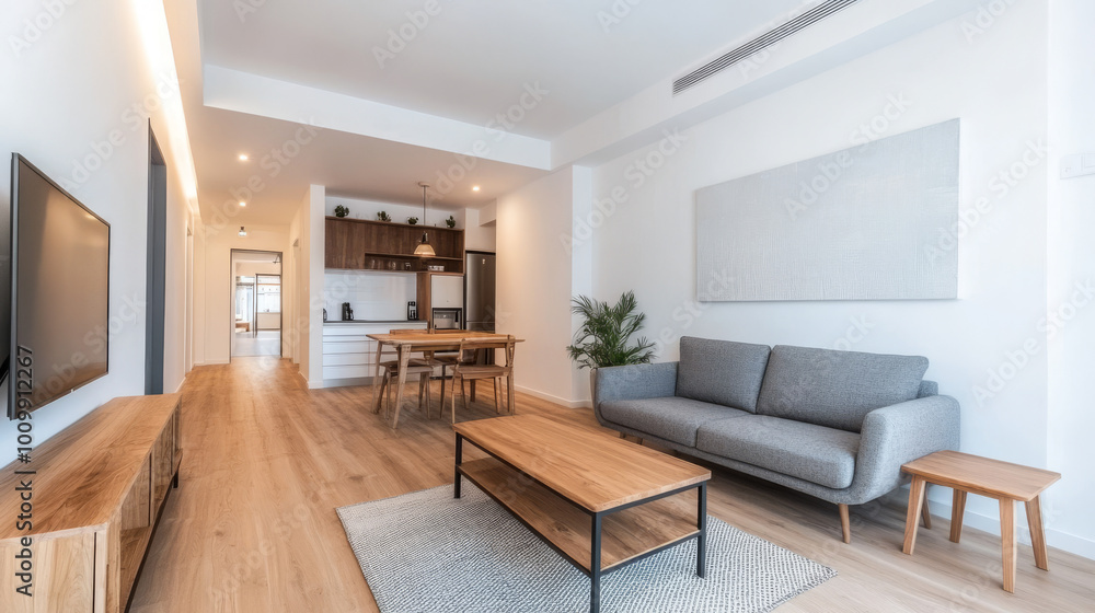 Modern living room with a grey couch and wooden coffee table. Modern living room with a grey couch and wooden coffee table.