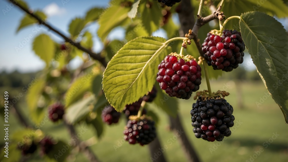 closeup image of a mulberries attached to its tree background closeup image of a mulberries attached to its tree background