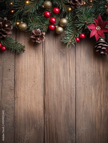 Christmas Vintage decoration border design over wooden background with generative ai