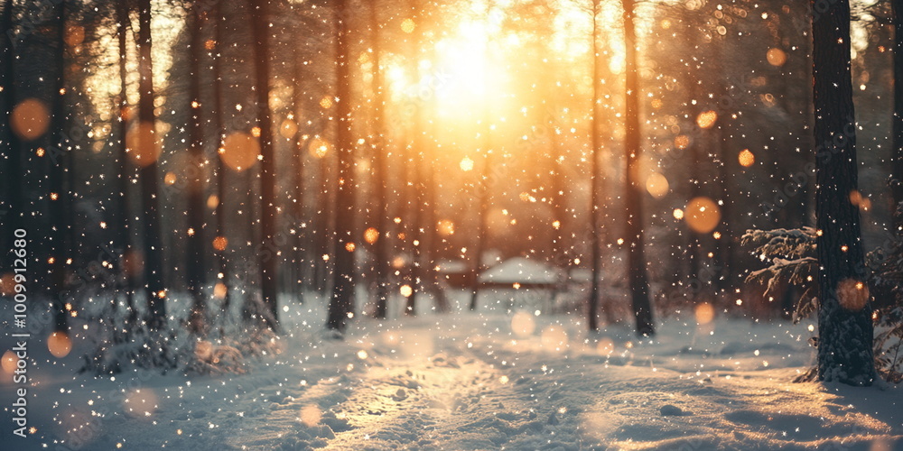 Naklejka premium abstract christmas background with falling snoflakes and soft bokeh, warm colors and cozy atmosphere