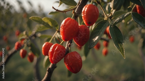 closeup image of a goji berries attached to its tree background