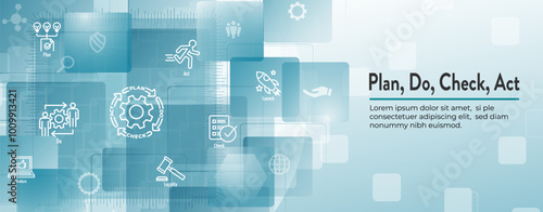 Plan Do Check Act Business Strategy - Procedure for Continuous Improvement Icon Set and Web Header Banner