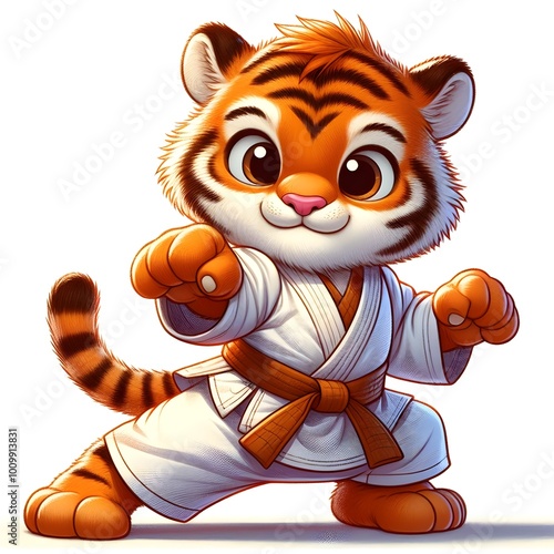 A cute cartoon tiger cub dressed in a martial arts uniform, practicing karate with focus and precision. isolated, white background 