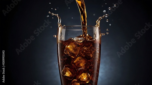 close up photograph of a tall, clear glass filled with a dark, carbonated beverage, likely cola, positioned centrally against a dark, gradient background 