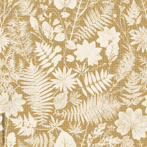 Natural Wildflowers and Herbs Print. Vector Vintage Seamless Pattern with Grass Leaf Silhouettes. Stamp Leaves. Floral Background. Meadow Plants Wallpaper. 