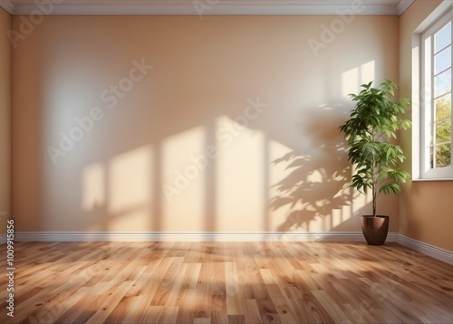 Idea of a white empty scandinavian room interior with vases on the wooden floor and large wall and white landscape in window. Home Nordic interior. 3D illustration
