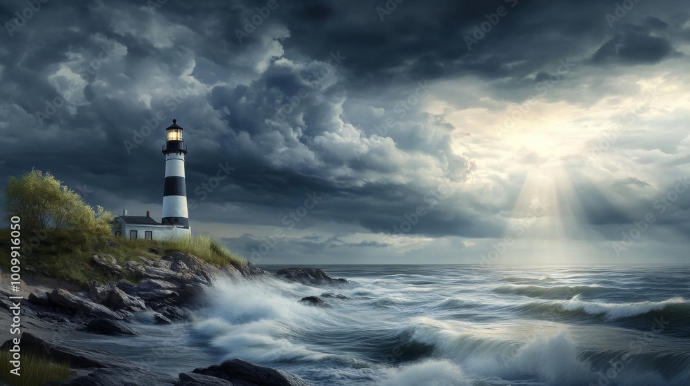 A dramatic seaside view with a lighthouse on a rocky coast under a stormy sky, waves crashing against the rocks, and sunlight breaking through clouds, symbolizing hope. A dramatic seaside view with a lighthouse on a rocky coast under a stormy sky, waves crashing against the rocks, and sunlight breaking through clouds, symbolizing hope.