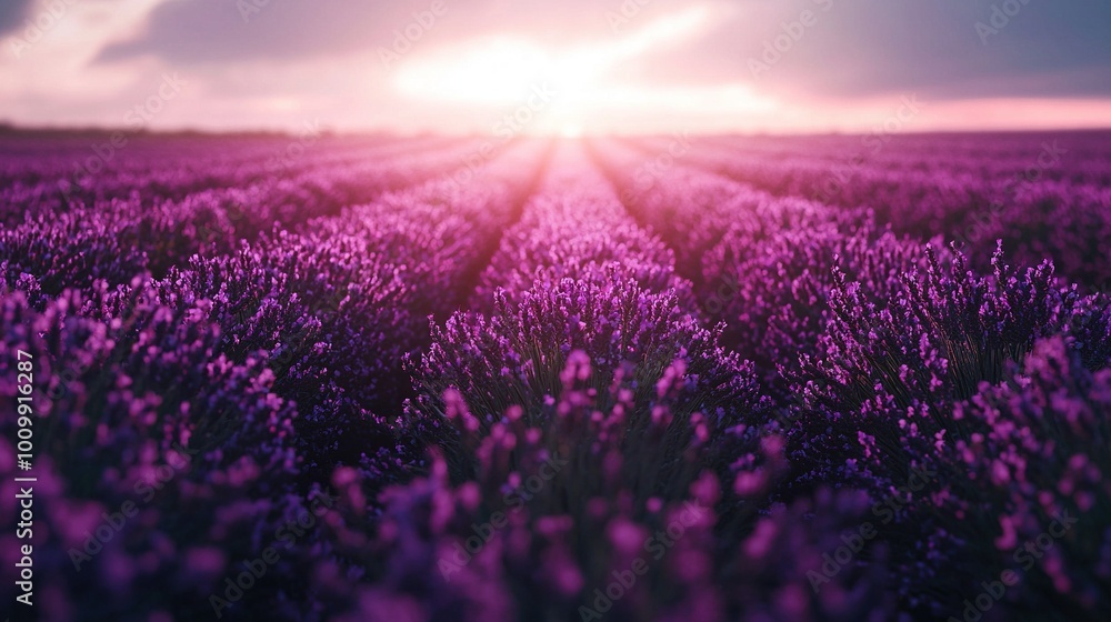 Obraz premium A field of lavender flowers with the sun shining through the clouds in the background during the middle of the day is a stunning sight