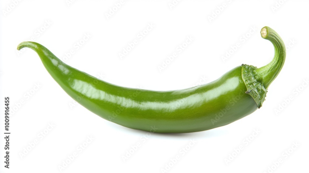 This image shows a single, fresh green chili pepper placed on a clean white background, highlighting the vibrant color and smooth texture of the pepper in a minimalist style. This image shows a single, fresh green chili pepper placed on a clean white background, highlighting the vibrant color and smooth texture of the pepper in a minimalist style.