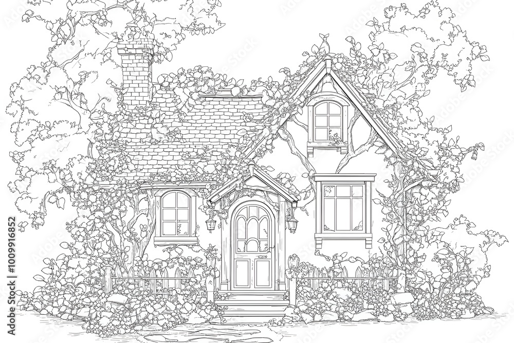 Fototapeta premium A charming cottage covered in lush greenery, inviting you into a world of tranquility and fairytale charm.