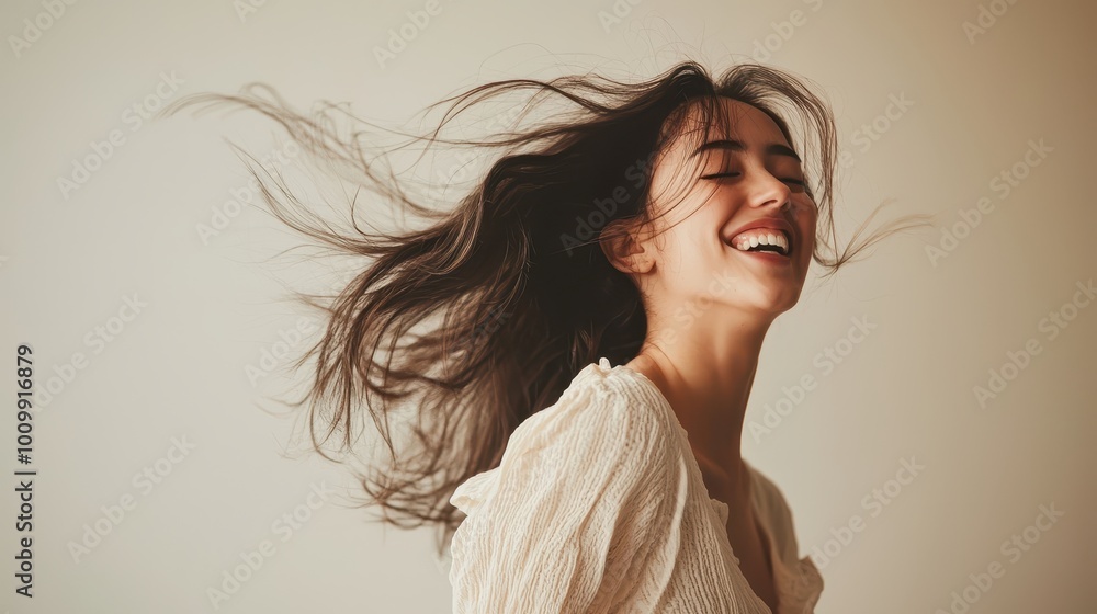 Joyful Woman with Flowing Hair in Natural Light Joyful Woman with Flowing Hair in Natural Light