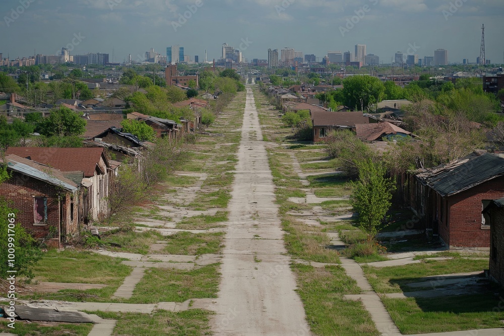 Fototapeta premium An urban scene depicting a long, deserted street flanked by decaying houses, leading toward a distant city skyline, showcasing urban decay and societal neglect.