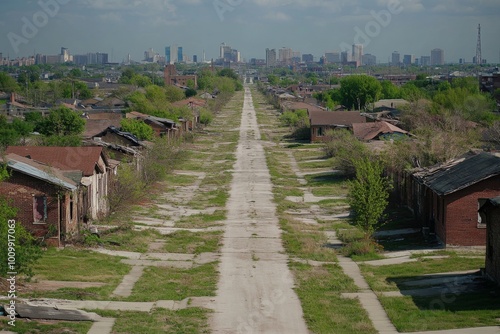 An urban scene depicting a long, deserted street flanked by decaying houses, leading toward a distant city skyline, showcasing urban decay and societal neglect.