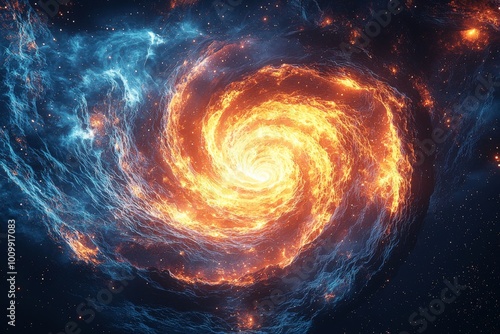 A mesmerizing spiral galaxy with glowing fiery core and ethereal blue swirls, symbolizing cosmic energy, mystery, and the vastness of the universe, ignites imagination. photo