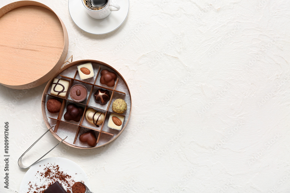 Box with chocolate candies on light background Box with chocolate candies on light background