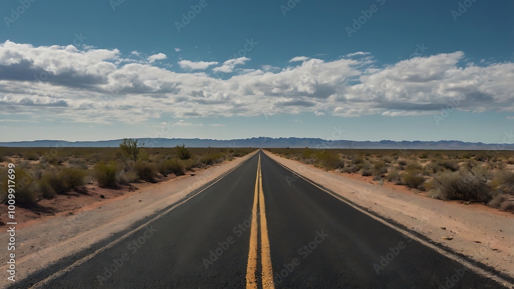 Landscape photography depicting a long, straight road stretching into the horizon under a vast, dramatic sky Landscape photography depicting a long, straight road stretching into the horizon under a vast, dramatic sky