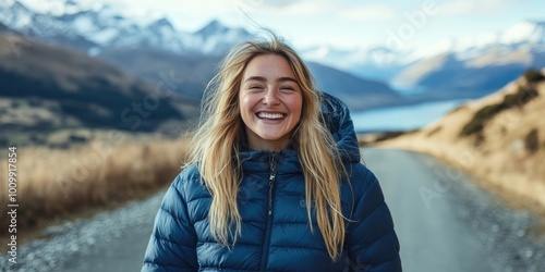 Happy young woman wearing a down jacket laughing portrait blonde.