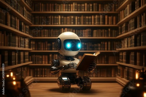 A small, charming robot with glowing blue eyes engrossed in a book, nestled in a warm, wooden library filled with tall shelves of books. Dim lighting creates a serene ambiance.