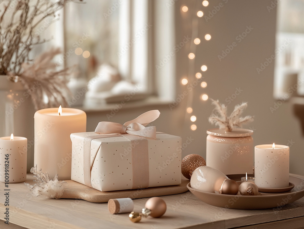 A neatly arranged gift wrapping scene with pastel wrapping paper, soft ribbons, glittering ornaments, and cozy candles, set on a wooden table with a warm, soft glow from nearby string lights. A neatly arranged gift wrapping scene with pastel wrapping paper, soft ribbons, glittering ornaments, and cozy candles, set on a wooden table with a warm, soft glow from nearby string lights.