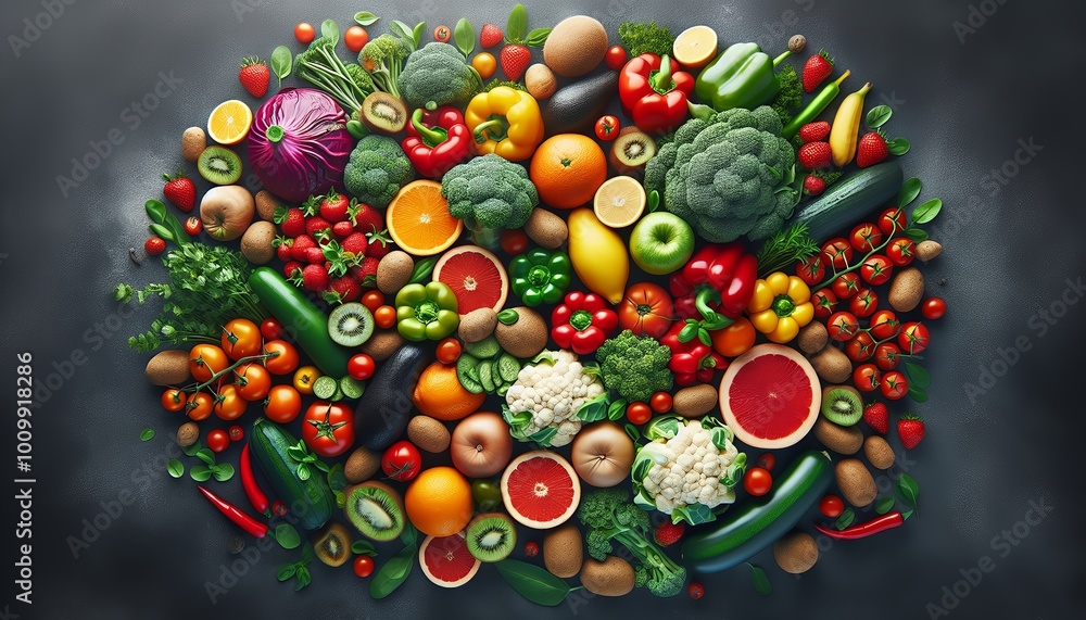 Fresh fruits and vegetables form a heart, symbolizing the love of food. Fresh fruits and vegetables form a heart, symbolizing the love of food.