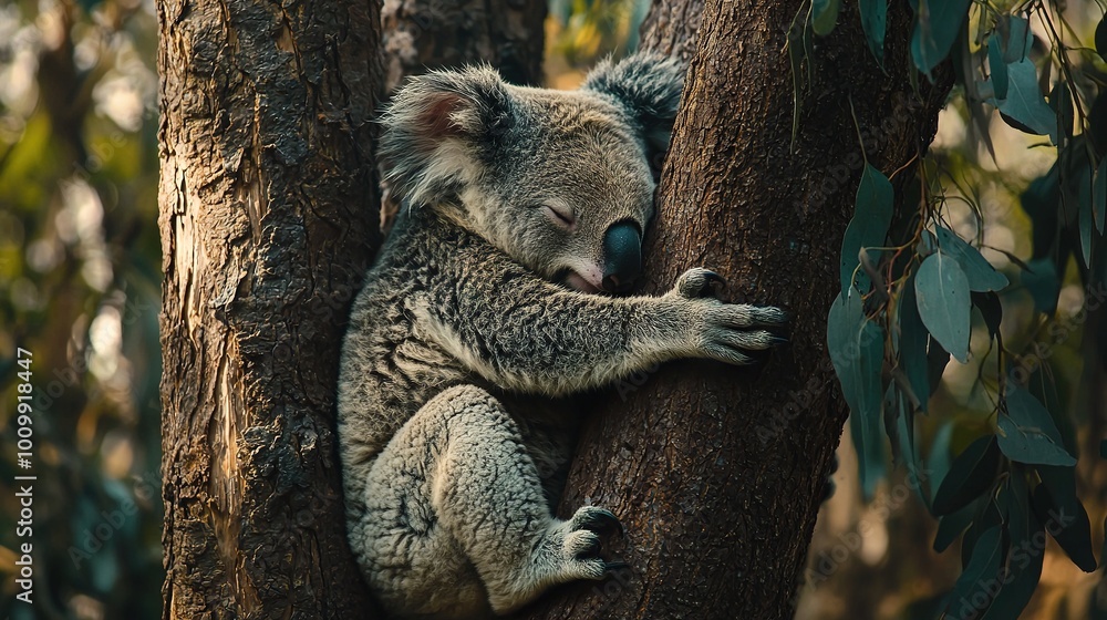 Fototapeta premium Koala resting in the tree with eyes shut and head tilted backward