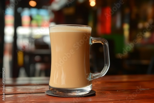 A clear glass mug filled with creamy, frothy coffee sits on a wooden table, capturing the essence of a cozy, inviting atmosphere in a vibrant coffee shop environment.