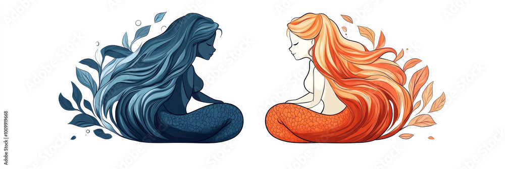 Obraz premium Two mermaids, one with blue hair and the other with orange hair, sit facing each other.