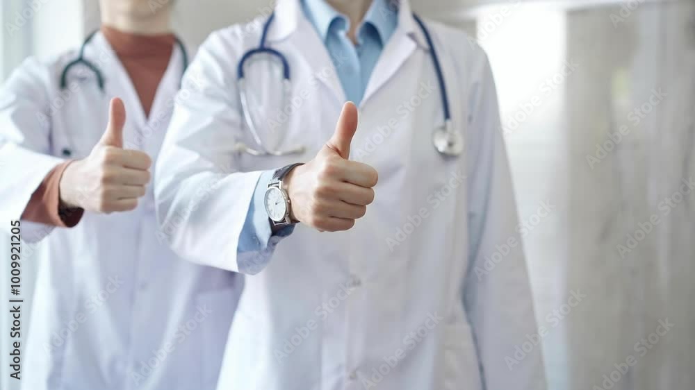 Two doctors showing thumbs up in hospital corridor Two doctors showing thumbs up in hospital corridor