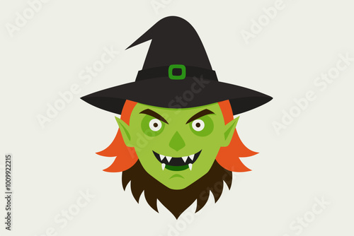 Witches mask. Halloween scary witch faces, carnival head disguise evil masks for scary helloween masquerade costume, scary makeup woman face in hat, ingenious vector illustration of monster face