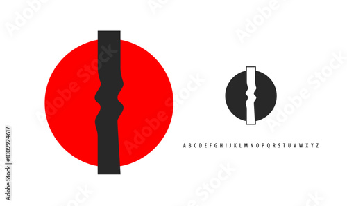 Letter I silhouette on red sun, twisting alphabet. Japanese logo for sushi roll restaurant logo, asian cultural event logotype. Vector logo and typeset