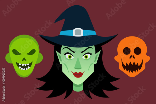 Witches mask. Halloween scary witch faces, carnival head disguise evil masks for scary helloween masquerade costume, scary makeup woman face in hat, ingenious vector illustration of monster face