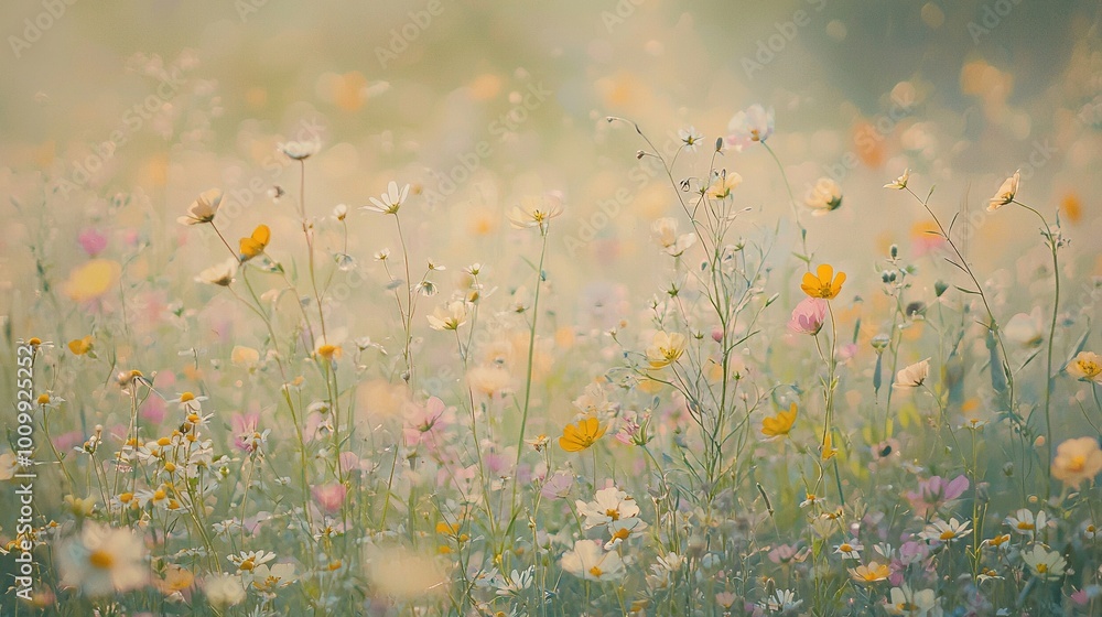 A field full of wildflowers and daisies on a sunny day, with a clear blue sky overhead A field full of wildflowers and daisies on a sunny day, with a clear blue sky overhead
