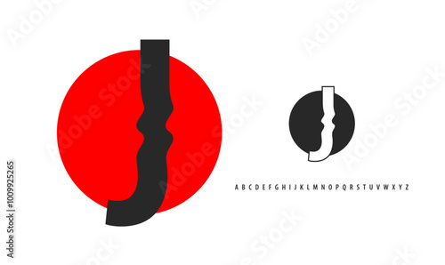 Letter J silhouette on red sun, twisting alphabet. Japanese logo for sushi roll restaurant logo, asian cultural event logotype. Vector logo and typeset