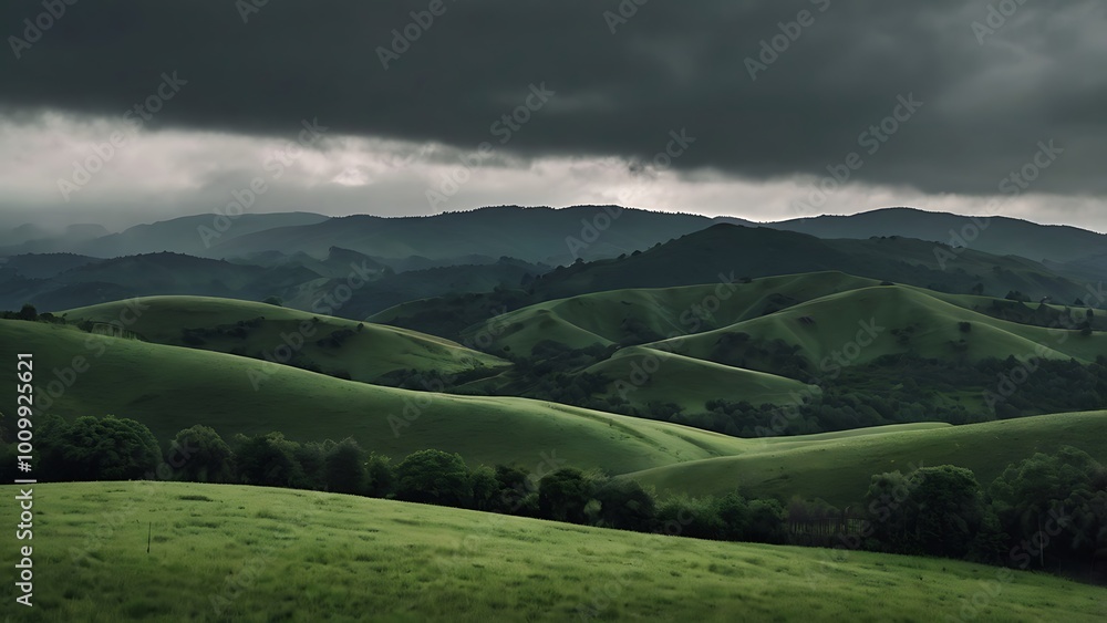 Fototapeta premium landscape background featuring a series of rolling hills and mountains under a cloudy foggy dark theme sky 