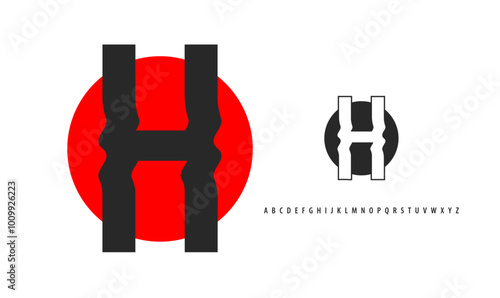 Letter H silhouette on red sun, twisting alphabet. Japanese logo for sushi roll restaurant logo, asian cultural event logotype. Vector logo and typeset