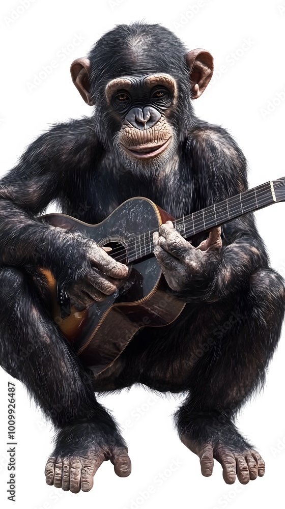 Fototapeta premium Chimpanzee Monkey Playing Guitar on White Background, Photo Realistic, Wallpaper, Cover and Screen for Smartphone, PC, Laptop, 9:16 and 16:9 Format