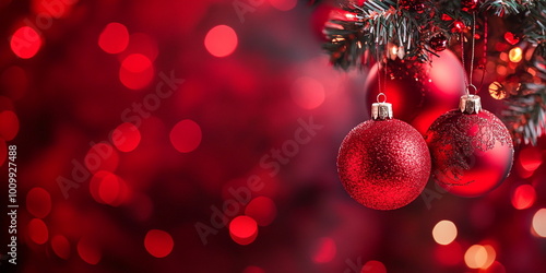 red ridescent christmas balls on red background with bokeh  photo