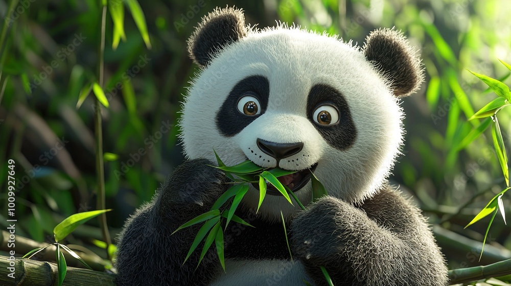 A black and white panda eating bamboo in a field of tall grass with wide-open eyes and a smile on its face A black and white panda eating bamboo in a field of tall grass with wide-open eyes and a smile on its face