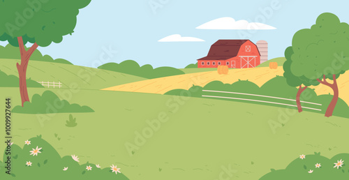 Farm scene background. Countryside landscape. Nature land