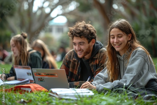 Campus leisure: university students unwind during break between classes outside academic building, laptops and books, capturing essence of relaxation, positive interaction in an academic setting.