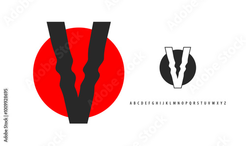 Letter V silhouette on red sun, twisting alphabet. Japanese logo for sushi roll restaurant logo, asian cultural event logotype. Vector logo and typeset