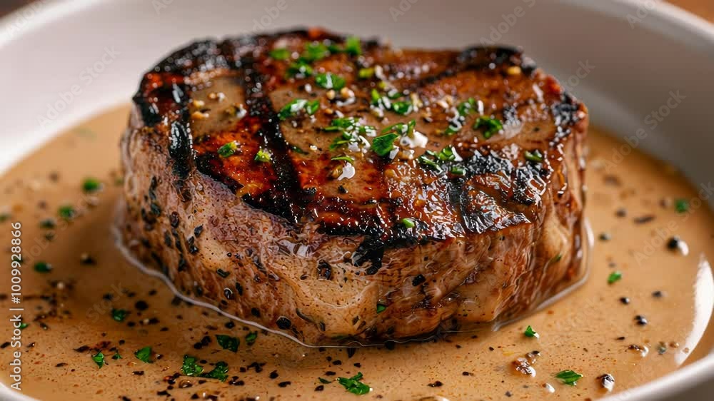 A beautifully cooked steak served in a creamy sauce, garnished with herbs. A beautifully cooked steak served in a creamy sauce, garnished with herbs.