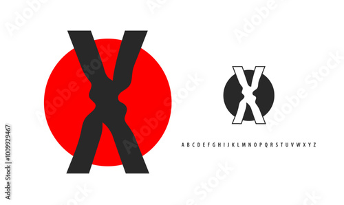 Letter X silhouette on red sun, twisting alphabet. Japanese logo for sushi roll restaurant logo, asian cultural event logotype. Vector logo and typeset