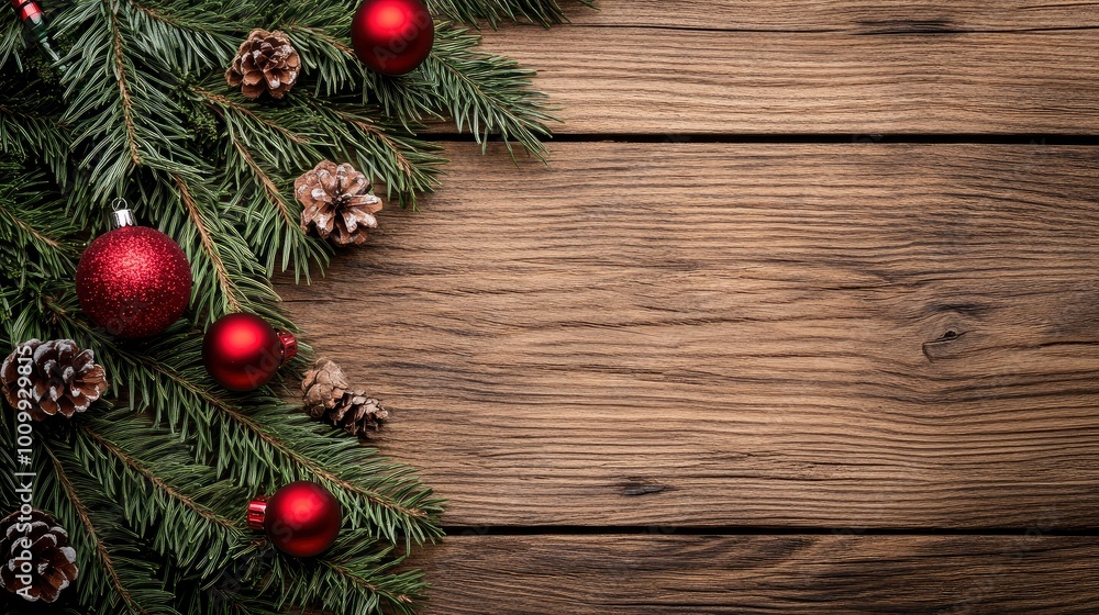 Ein natürliches Weihnachtsbanner. Auf der linken Seite ein grüner Tannen Zweig mit kleinen roten Kugeln als Schmuck auf einem braunen Holzhintergrund. with generative ai Ein natürliches Weihnachtsbanner. Auf der linken Seite ein grüner Tannen Zweig mit kleinen roten Kugeln als Schmuck auf einem braunen Holzhintergrund. with generative ai