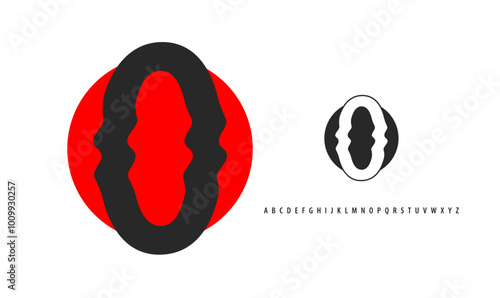 Letter O silhouette on red sun, twisting alphabet. Japanese logo for sushi roll restaurant logo, asian cultural event logotype. Vector logo and typeset