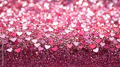   Pink glitter background with hearts on the left and pink glitter on the right in a close-up