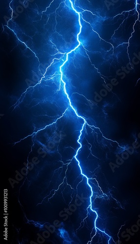 Electric Blue Lightning Bolt, Dramatic Stormy Sky Background. Powerful Atmospheric Phenomenon.