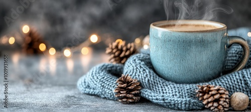 Cozy Winter Still Life Steaming Coffee, Knit Blanket, Pine Cones, and Twinkling Lights photo