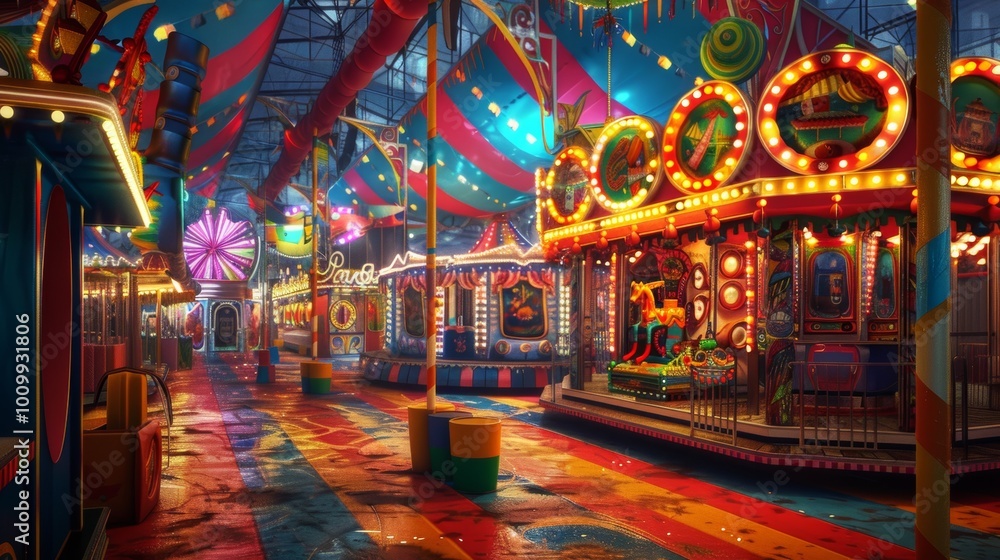 Fototapeta premium Colorful Illuminated Carnival Rides and Ferris Wheel at Nighttime Amusement Park